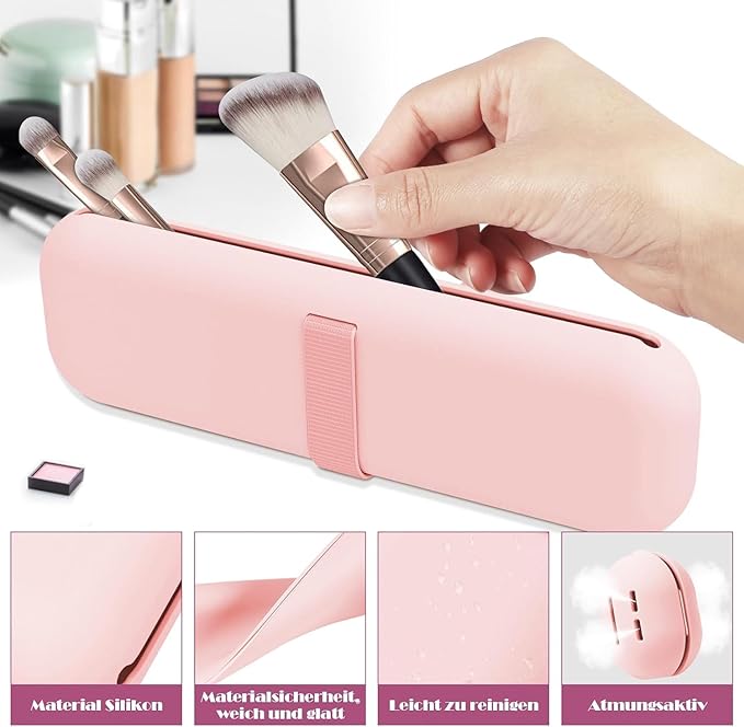 Silicone Makeup Brush Holder Travel Case No Odor Nylon Strap Closure | Water-Resistant Brush Organizer for Travel Makeup Brushes Storage-Pink