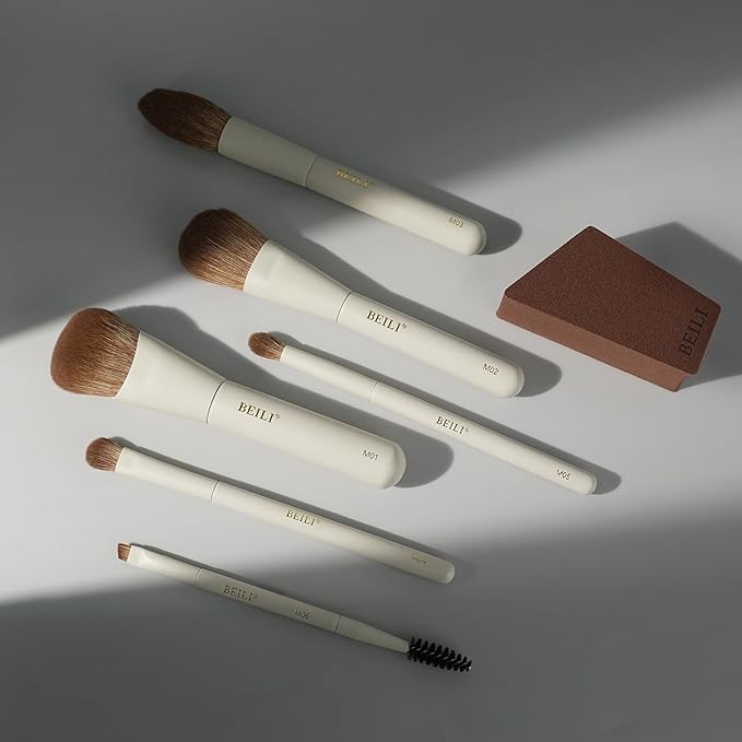 BEILI Mini 6Pcs Makeup Brush Set – Elegant Off White, Professional Travel Brushes for Foundation, Contour, Highlighter & Blending, with Sponge and Gift Box