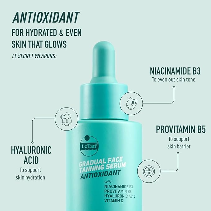 Self Tanning Drops by Le Tan | Anti Aging Self Tan Intense Hydration Lightweight Fast Absorbing Hydrates with Niacinamide, Hyaluronic Acid Sun Kissed Look 1oz (Antioxidant)