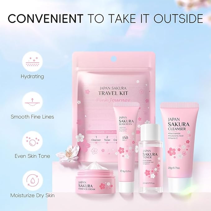 Sakura Travel Skincare Set for Teenage Girls,4 Pcs/Set Sakura Skin Care Set With Cleanser, Toner,Face Cream and Sunscreen,Travel Essentials for Women-Cleansing,Hydrating and Sun Protection