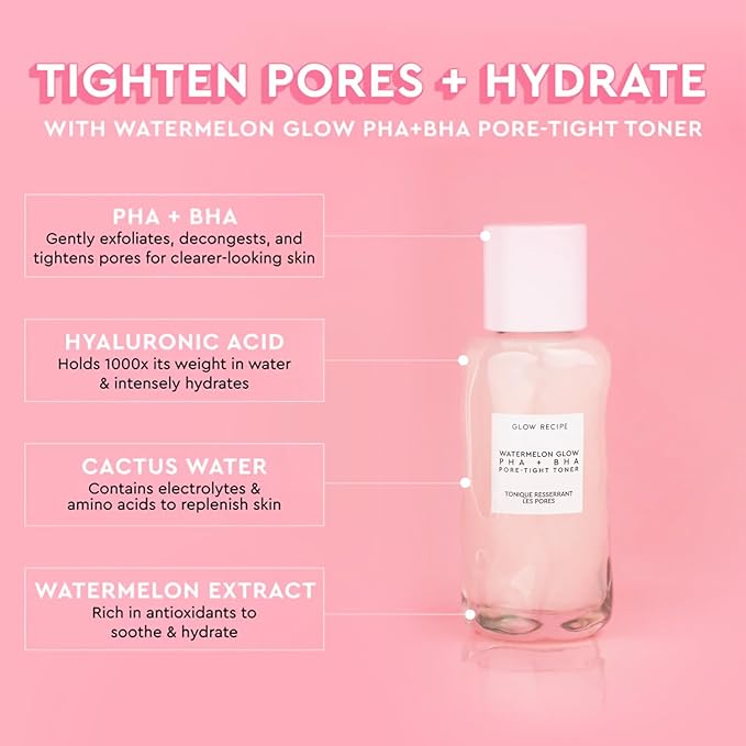Glow Recipe Watermelon Glow Niacinamide Dew Drops Brightening Serum (40 ml) + PHA + BHA Face Toner (40 ml) + Blueberry Bounce 3-in-1 Foaming Double Cleanser, Makeup Remover & Clarifying Mask (30 ml)