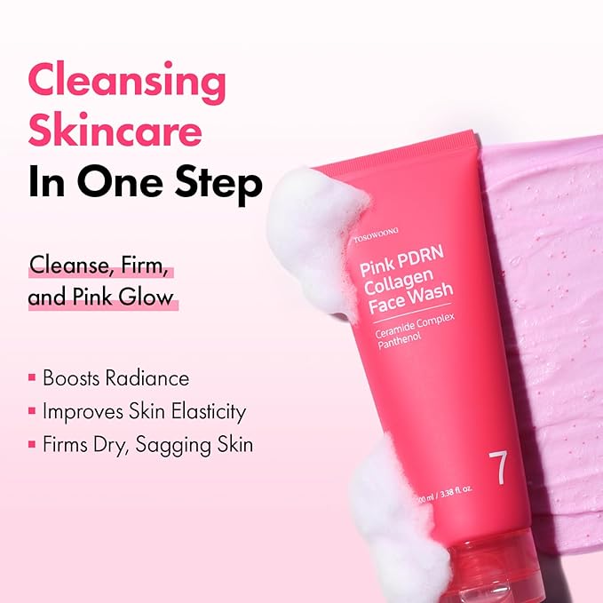 TOSOWOONG Pink PDRN Collagen Face Wash, Mochi Whip with Capsules for Gentle Blackhead & Pore Care, Hydrating & Rejuvenating with Salmon DNA PDRN, 7 Collagens, Korean Skincare, 100ml / 3.38 fl. oz.