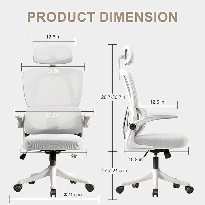 Ergonomic Office Chair Computer Desk Chairs with Flip-up Armrests and Lumbar Support, High Back Mesh Gaming Chairs Rolling Work Swivel Task Chairs with Adjustable Headrest