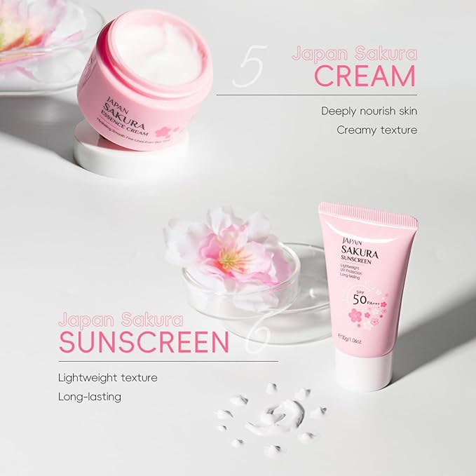 Skin Care Sets for Teenage Girls, Sakura Skin Care Sets & Kits Women Beauty Gift Set with Cleanser, Mud Mask, Toner, Serum, Eye Cream, Facial Cream, and Sunscreen, Birthday Gift for Women and Girls