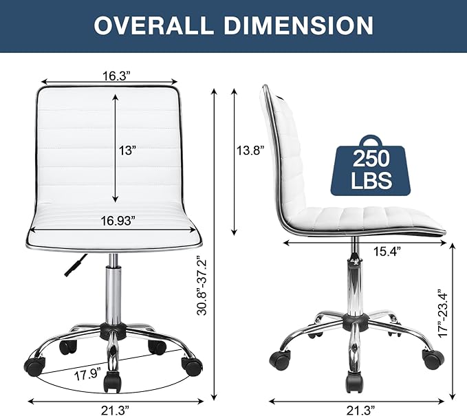 BOSSIN Adjustable Home Office Chair, Mid-Back Armless Ribbed Swivel Task Chair,Vanity Chair for Small Space, Living Room, Make-up, Studying (White)