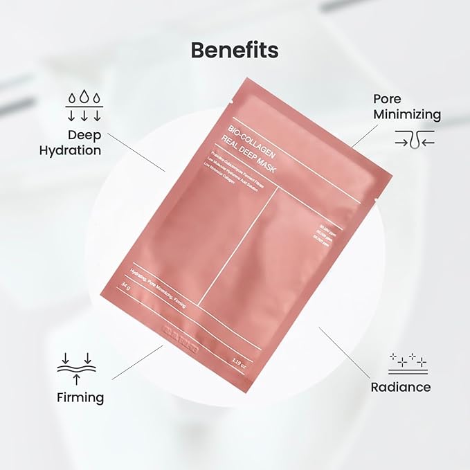Bio-Collagen Real Deep Face Mask – Korean Hydrating Overnight Hydrogel Mask for Women | Firming, Pore Minimizing & Elasticity Boost | Deep Collagen Facial Sheet for Radiant Glass Skin, 4 Pack