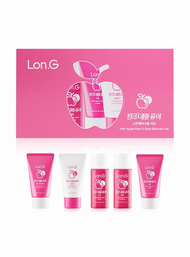 Pink Apple Pure 5-Step Skincare Set – Korean Skincare Travel Kit for Pores & Sebum Control | Jelly Oil Cleanser, Foam Cleanser, Toner, Ampoule, Cream | Portable Gift Set, Made in Korea