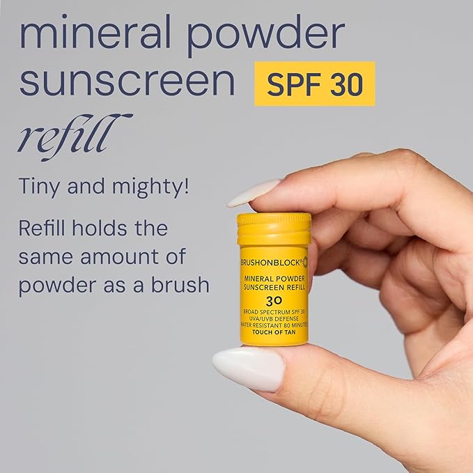 Brush On Block SPF 30 Mineral Powder Sunscreen Refill New Formula, With Niacinamide, Hyaluronic Acid, & Vitamin C, Broad Spectrum, Water Resistant, Reef Friendly (Touch of Tan Refill)