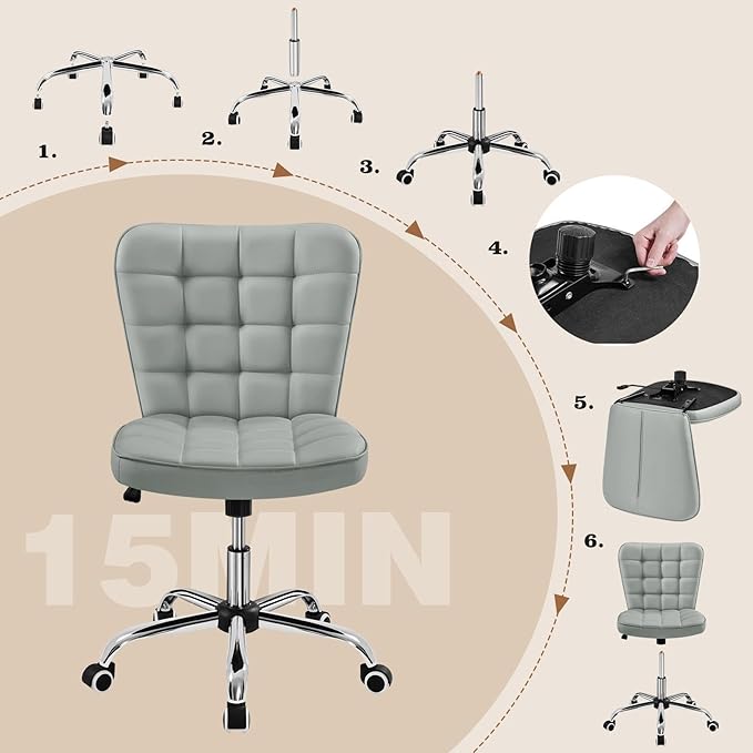 Yaheetech Armless Desk Chair Modern Tufted Office Chair Faux Leather Upholstered Computer Chair with Adjustable Seat Height and Rolling Wheels for Home/Office, Light Gray