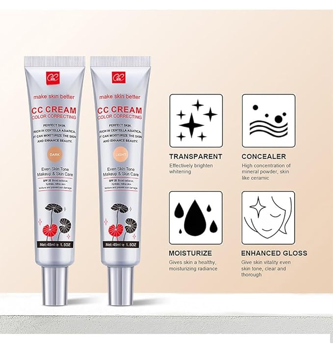 Cica CC Cream with Concealer-Hydrating,Anti-Aging,Natural Cover for SensitiveSkin-SPF 25,Lightweight, Long-LastingMakeup-1.5FIOz