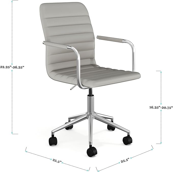 Martha Stewart Taytum Swivel Task Chair with Armrests for Home Office in Gray Faux Leather with Polished Nickel Frame