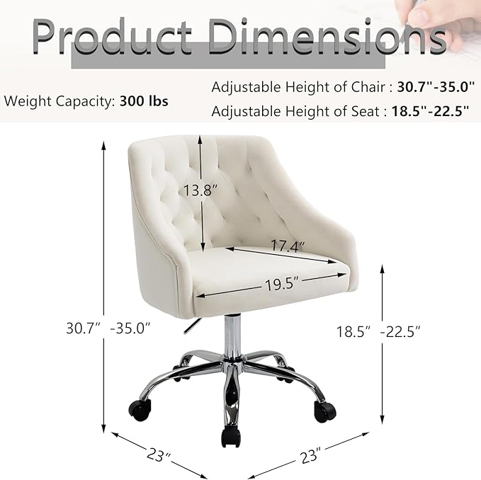 MOJAY Velvet Office Swivel Chair, Vanity Fabric Desk Pretty Fancy Gold Office Chairs for Girls, 360°Swivel Height Adjustable Reception Chair (White)