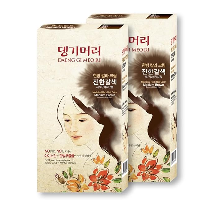 Daeng Gi Meo Ri – Korean Herbal Hair Dye Color Cream [Medium Brown] (2 PACK) - PPD-Free Gray Coverage, Hair Protection, High-Keratin Formula, 5 Oz