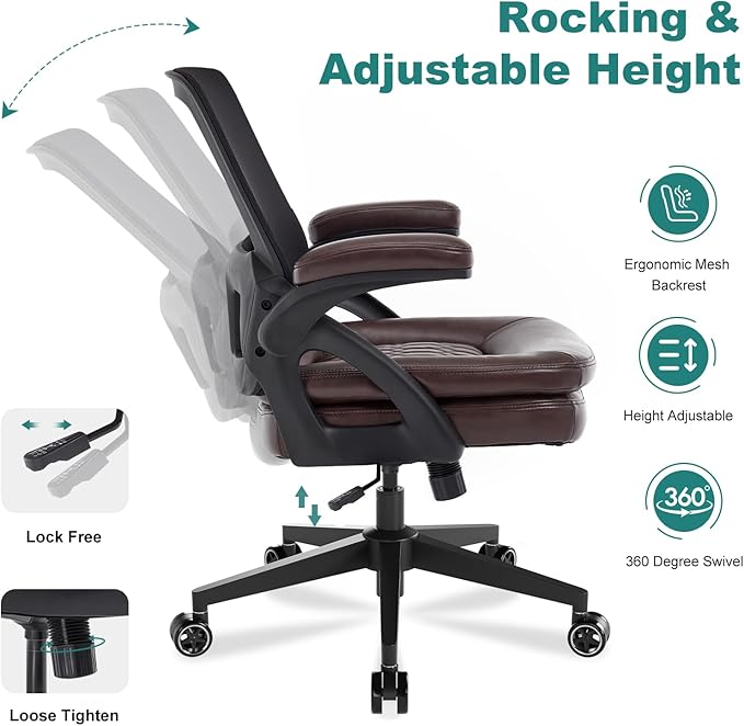 Big and Tall Office Chair, 500lbs Mesh Heavy Duty Ergonomic Desk Chair with Flip-up Armrests, Plus Size Wide Seat in PU Leather, 360 Swivel Computer Executive Task Chair for Home Office (Brown)