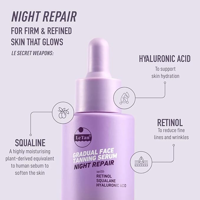 Self Tanning Drops by Le Tan | Anti Aging Self Tan Intense Hydration Firms, Refines, Smoothes Skin Fine Lines with Niacinamide, Hyaluronic Acid, Squalane Sun Kissed Look 1oz (Night Repair)