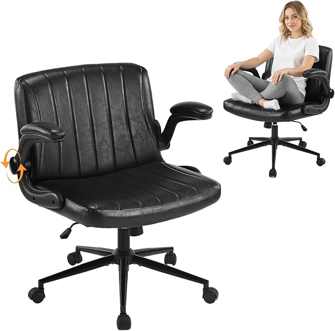 VINGLI Criss Cross Chair with Adjustable Flip-Up Arms,Cross Legged Chair with Wheels, Extra Wide Office Chair,Comfortable Desk Chair for Home Office, Vanity, Bedroom, PU Leather,Black