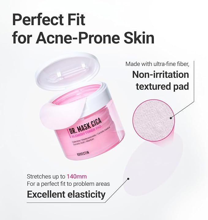 ROVECTIN Dr. Mask CICA Blemish Toner Pad | Redness & Acne Soothing Pads with Pink CICA Complex + Centella Exosomes | Succinic Acid Calming | pH-Balanced Hydrating Pads for Sensitive Skin