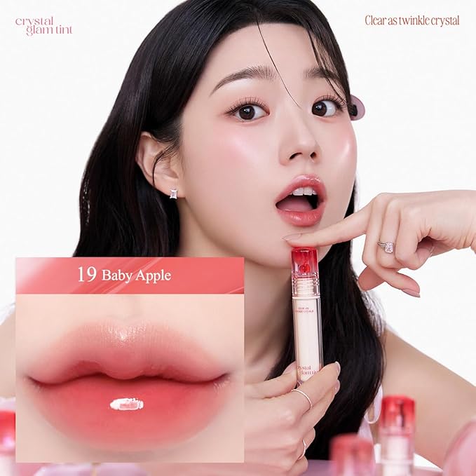 CLIO Crystal Glam Tint, Glossy Lip Tint with Glass-Like Shine, Lightweight Buildable Lip Stain, Long-Lasting Color, Non-Sticky, Rose Extract, Korean Lip Tint (019 BABY APPLE)