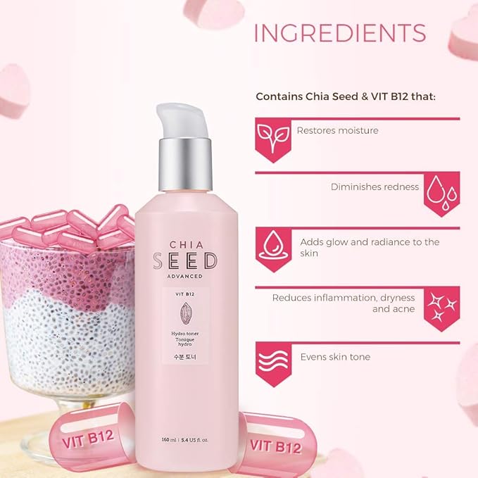 The Face Shop Chia Seed Hydro toner | Soft Hydrating Lotion for Dry Skin Moisture & Comfort | Formulated with Chia Seed & Vitamin B12 for Intense, Upgraded & Hydrating Care, 5.4 Fl Oz