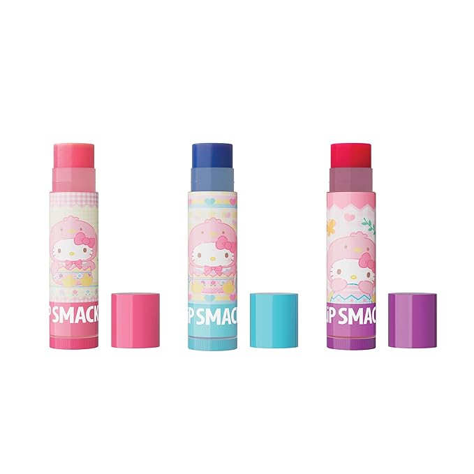 Lip Smacker Hello Kitty Lip Balm Trio, Adorable Sanrio Collectible, Moisturizing & Nourishing Fruity Flavors, Guavalicious Day, Raspberry Roll, Cherry Sweet- Blue