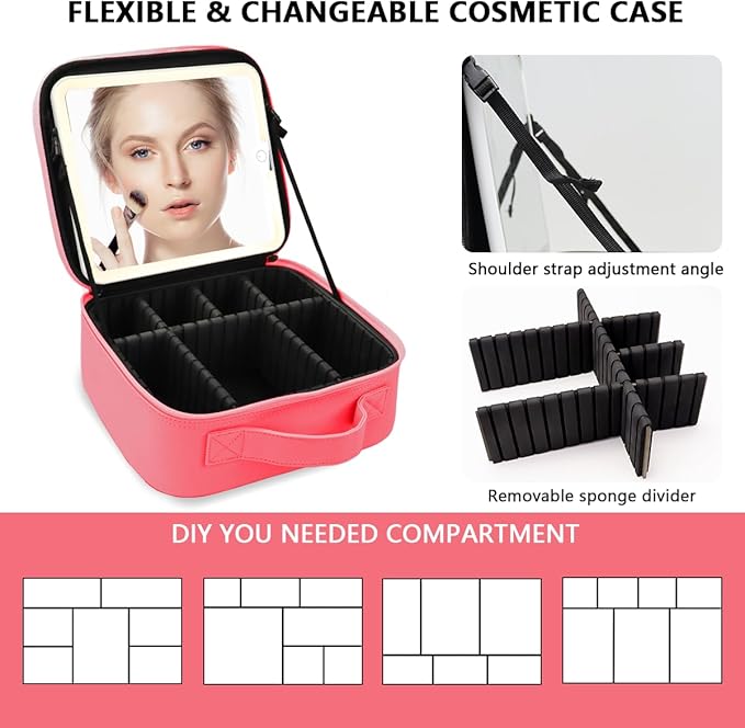 Makeup Bag with Led Mirror,Large Vanity Makeup Cases with 3 Color Setting,Portable Storage and Adjustable Dividers,for Women and Makeup Artists Cosmetic Organizer Travel Makeup Bag-Light Red