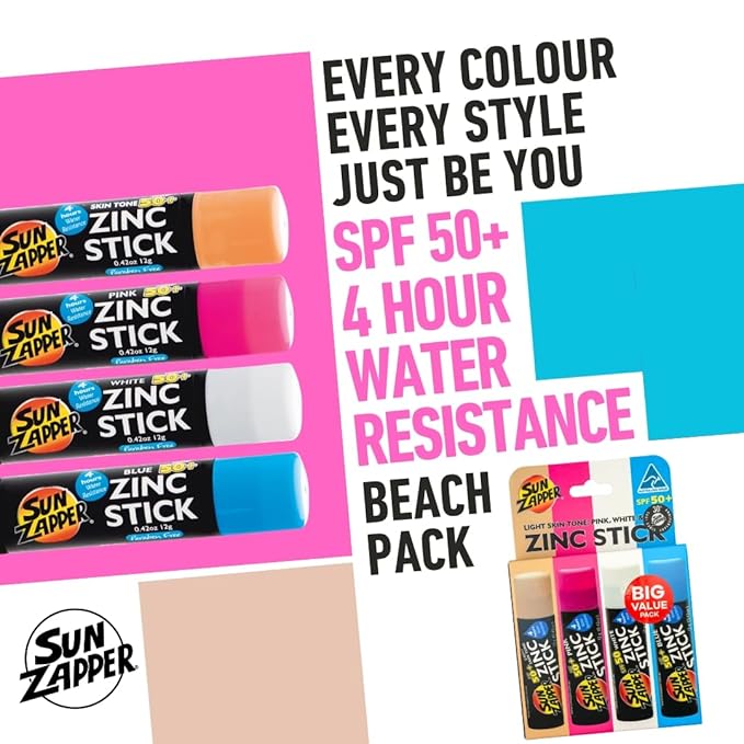 Sun Zapper Zinc Sunscreen Stick Beach 4-Pack SPF 50+ – Mineral Sunscreen Sticks for Face, Water Resistant Zinc Sunblock for Kids and Family, Travel Size 12g (0.42 oz), Australian Made