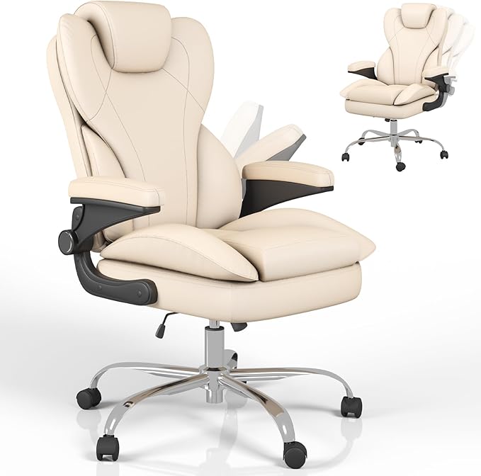 Hovos Office Chair, Ergonomic Big and Tall Desk Leather Chair with Padded Flip-up Arms, Adjustable Tilt Lock, Heavy Duty Swivel Rolling Computer Chair for Home Office, Beige
