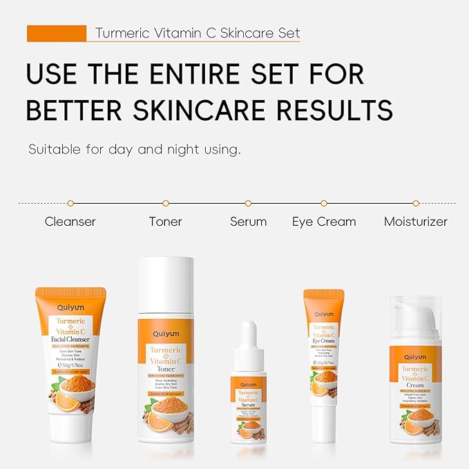 Skincare Set Turmeric Teen Face Care Kit Girls, Skin Care Set Hydrating & Cleaning, 5PCS Turmeric Skin Care Products - Cleanser, Toner, Face & Eye Cream, Serum, Travel Skincare Gift Set For Women