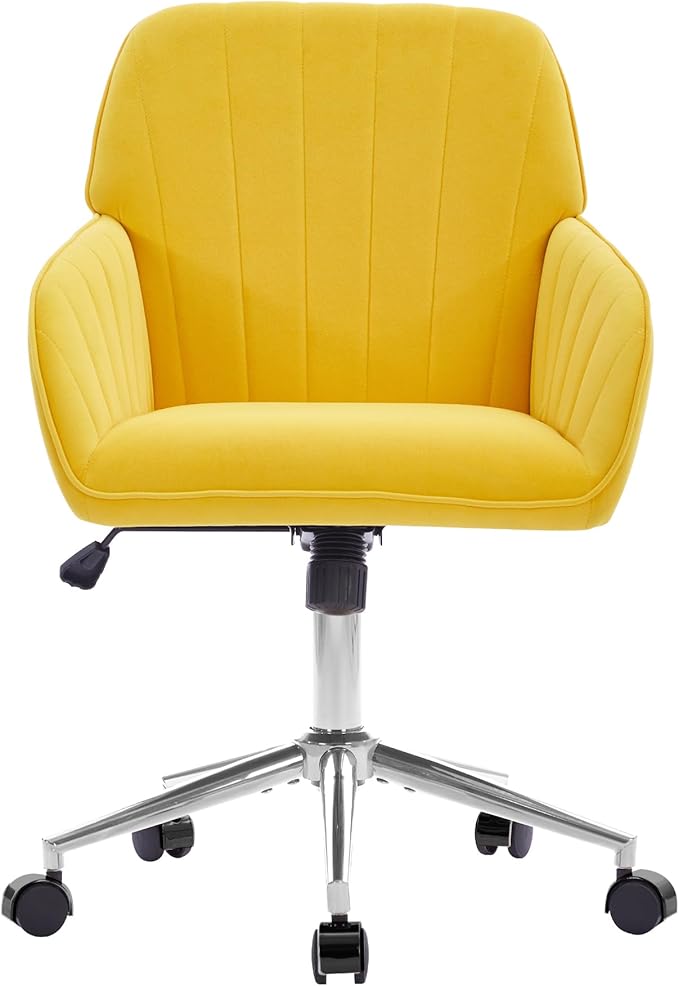 YITAI Velvet Office Desk Chair with Silver Foot Base, with Wheels,Modern Height Adjustable 360 Degree Swivel Upholstered Vanity Chairs with Arms for Living Room Bedroom,Yellow