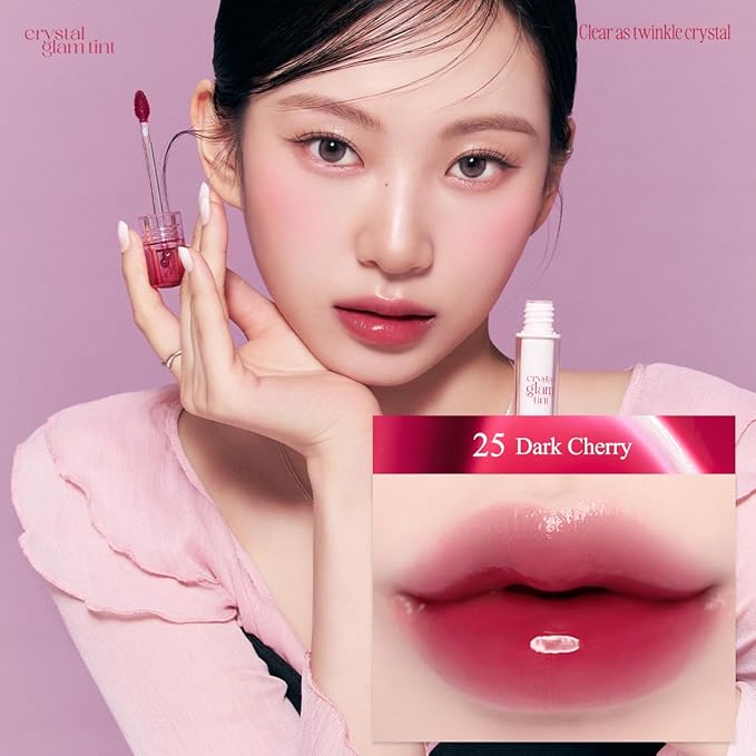 CLIO Crystal Glam Tint, Glossy Lip Tint with Glass-Like Shine, Lightweight Buildable Lip Stain, Long-Lasting Color, Non-Sticky, Rose Extract, Korean Lip Tint (025 DARK CHERRY)
