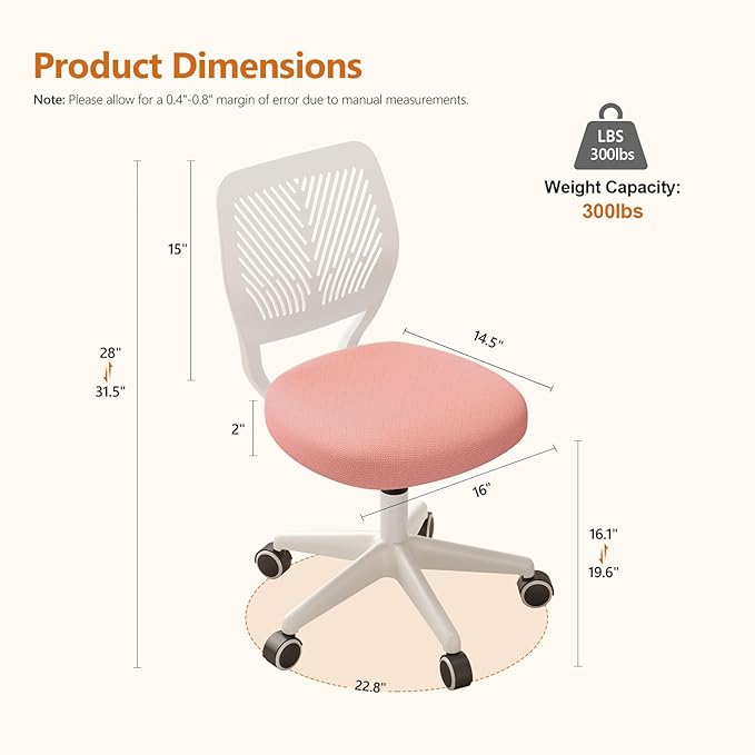 Armless Desk Chair, Height Adjustable Swivel Office Rolling Task Chairs with Soft Mesh Padded Cushion, Ergonomic Small Study Computer Chair for Girls Boys Teens (Pink, 2PCS)