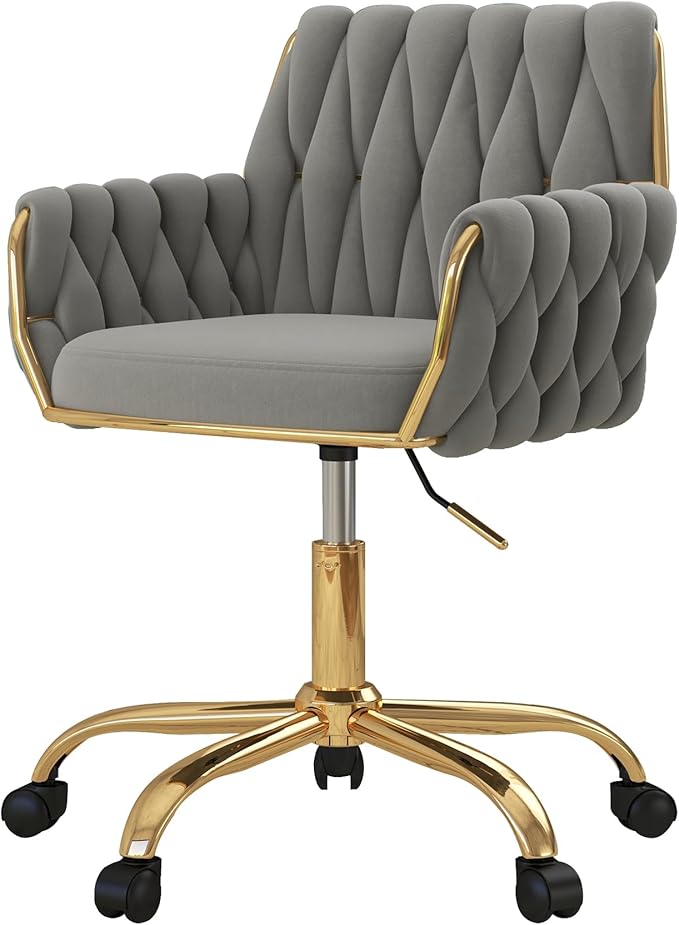 Woven 360°Swivel Desk Chair, Velvet Height Adjustable Home Office Armchair with Golden Base for Teens Women Girls, Upholstery Computer Chair for Home Studios and Office, Woven & Light Gray