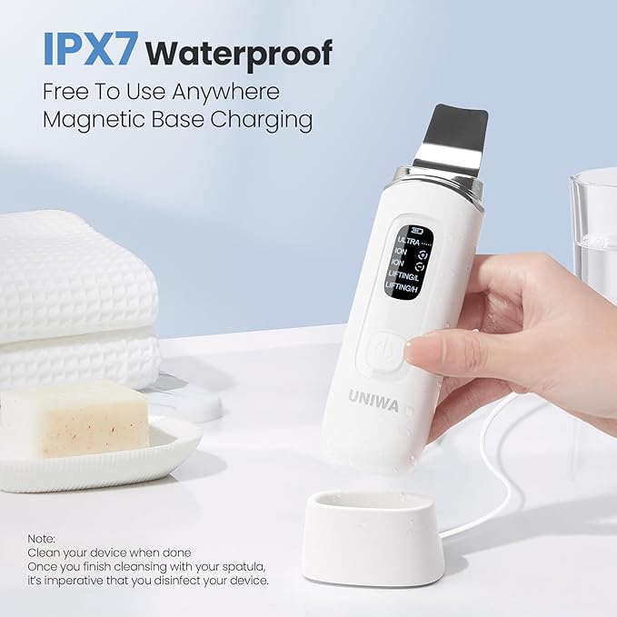 UNIWA Skin Scrubber Face Spatula, Ultrasonic Skin Scrubber Skin Spatula Pore Cleaner Blackhead Remover Tool for Facial Deep Cleansing-4 Modes, with LCD Display, IPX6 Waterproof - White