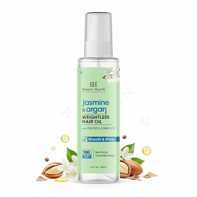 Botanic Hearth Argan & Jasmine Weightless Hair Oil, 3.4 fl oz | With Argan Oil & Jasmine Oil | Lightweight Non-Greasy Formula | Frizz Control, Smooth Shine & Soft Hair | For Dry, Frizzy & Fine Hair