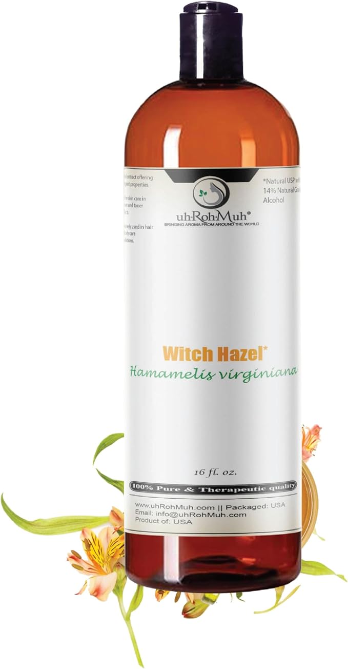 Witch Hazel Natural USP Oil – 100% Pure with 14% Natural Grain Alcohol | Hamamelis Virginiana Extract for Face, Skin, Hair & Wellness | Astringent & Soothing Properties | 16 Fl Oz