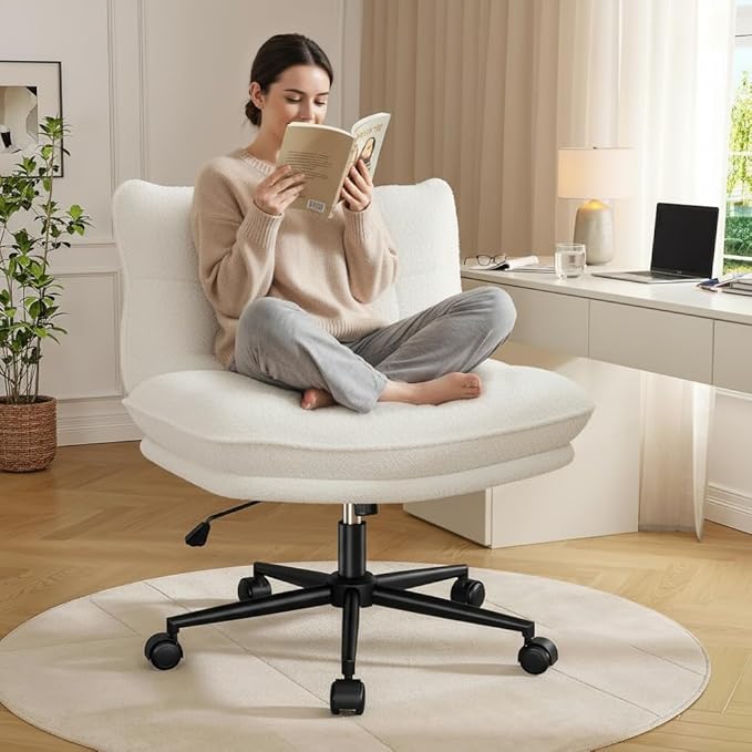 Criss Cross Chair with Wheels, 7" Extra Thick Cross Legged Office Chair, Height Adjustable Swivel Design for Home Office, Study & Vanity,White