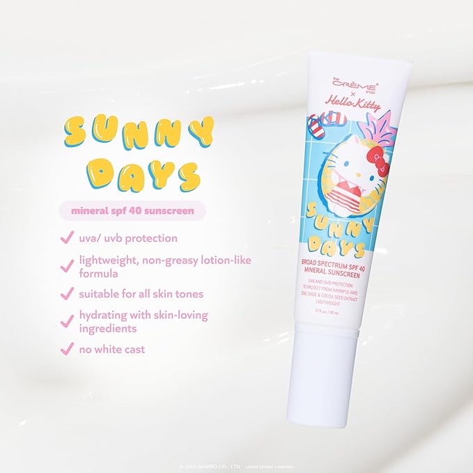 The Crème Shop x Hello Kitty Sunny Days SPF 40 Mineral Sunscreen for Sensitive Skin with Zinc Oxide, UVA/UVB Protection with No White Cast, Korean Skin Care (1.69 Fl Oz)