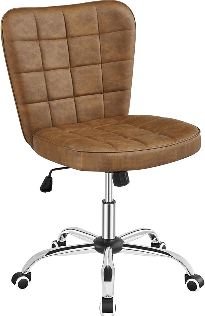 Yaheetech Armless Desk Chair Modern Tufted Office Chair Faux Leather Upholstered Computer Chair with Adjustable Seat Height and Rolling Wheels for Home/Office, Retro Brown