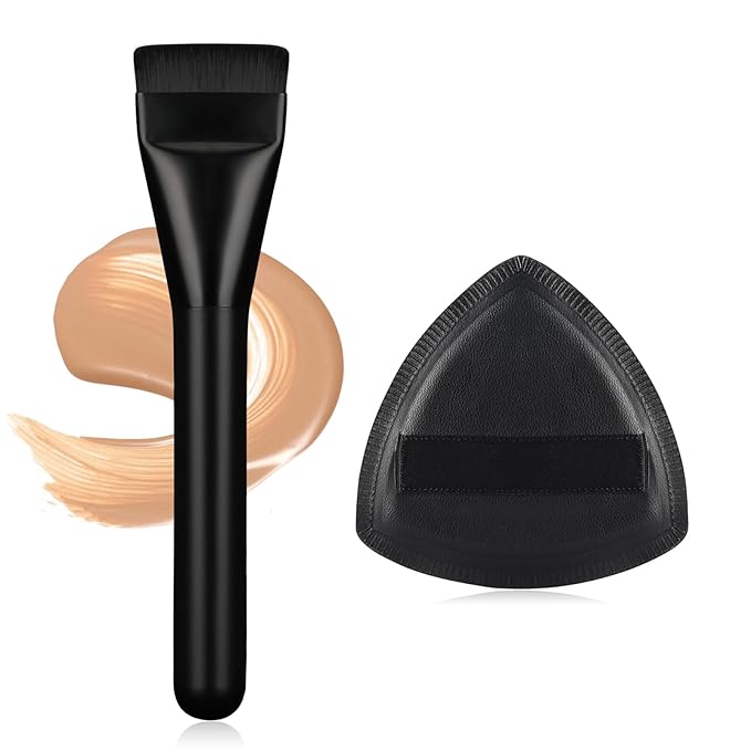 Flat Foundation Brush with Puff, Beautyfactor Ultral Thin Spatula Makeup Brush with Sponge for Liquid Makeup | Fast Flawless Korean Kabuki Brushes for Blending, Liquid, Cream, Blush, Buffing（Black）