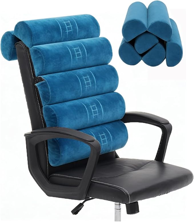 Ergonomic Lumbar Support Pillow for High Back Office Chair - Adjustable 6 Semicircular Back Cushion,Backrest for Desk/Gaming Chairs,Neck/Upper/Lower Back Pain Relief (Blue Short Velvet)