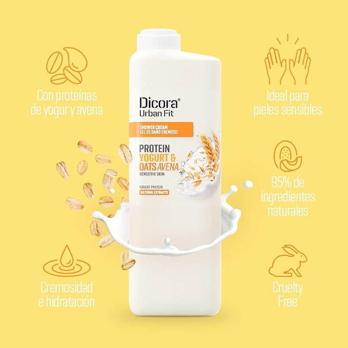 Dicora Urban Fit Shower Cream - Hydrating In Shower Body Lotion - Wet Shower Moisturizer for Sensitive Skin - Protein Yogurt and Oats Avena - 13.5 oz (Pack of 2)