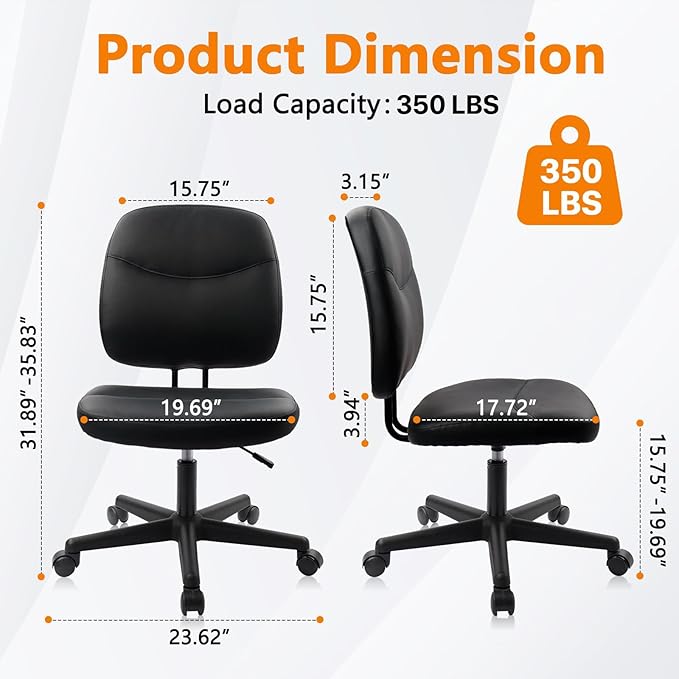 CLATINA Armless Home Office Chair,Small PU Leather Ergonomic Low Back Desk Chair with Lumbar Support and Wheels, Adjustable Height 360° Swivel Rolling Computer Task Chair, Black