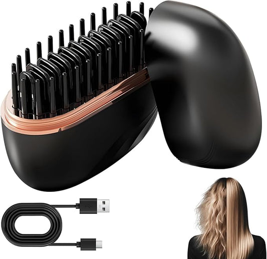 Mini Hair Straightener, Go Brush Pro, Tiny Cordless Rechargeable Portable Straightening Comb, Anti Scald Shell, 3-Speed Temperature Control, Lightweight and Portable for Travel (Black)