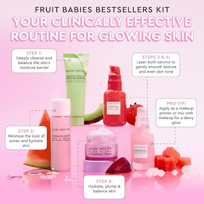 Glow Recipe - Fruit Babies Bestsellers Kit - Mini Travel Size Beauty Essentials - Avocado Foam Cleanser, Niacinamide Dew Drops Serum, Pore-Tight Toner, Salicylic Serum, Hyaluronic Acid Cream (5 Count)