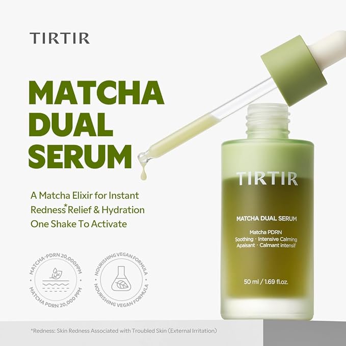 TIRTIR Matcha Dual PDRN Serum | Irritated Red Skin Relief & Glass Skin Glow with 20,000ppm Vegan Matcha PDRN, 5% Niacinamide, Hydrating Non-Sticky Korean Face Serum for Sensitive & Acne-Prone Skin