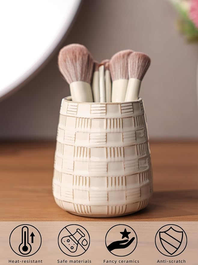 Ceramic Makeup Brush Holders, Bathroom Vanity and Countertop,Make up Brushes Cup for Cosmetics, Lipsticks, Bathroom Vanity Desktop Storage (Vintage White)