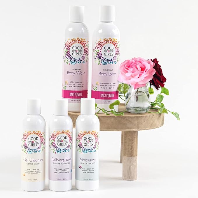 Good For You Girls GIFT SET for Face & Body – Contains: Gel Cleanser, Purifying Toner, Moisturizer, Body Wash Soft Powder Scent, Body Lotion Soft Powder Scent, Made in the USA | GIFT SET 5 Pieces