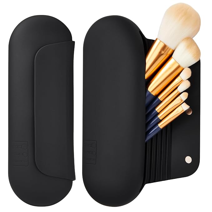 Silicone Makeup Brush Holder Travel Cosmetic Bag：Soft Portable Cosmetic Face Brushes Holder with Upgrade Anti-Fall Out Magnetic Closure, Large Travel Makeup Brush Case - Black