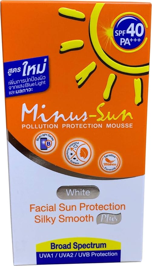 Minus-Sun SPF40 PA+++ (White) Pollution Protection Mousse 30 Gram. Facial Sun Protection Silky Smooth Plus UVA1 UVA2 and UVB Protection