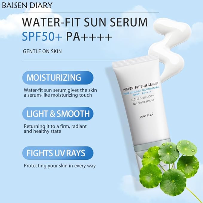 Centella Sunscreen SPF 50 PA++++, Hyalu Cica Water-Fit Sun Serum, Lightweight Sunscreen with Centella Asiatica, Hydrating & Non-Greasy Sun Protection for Sensitive Skin